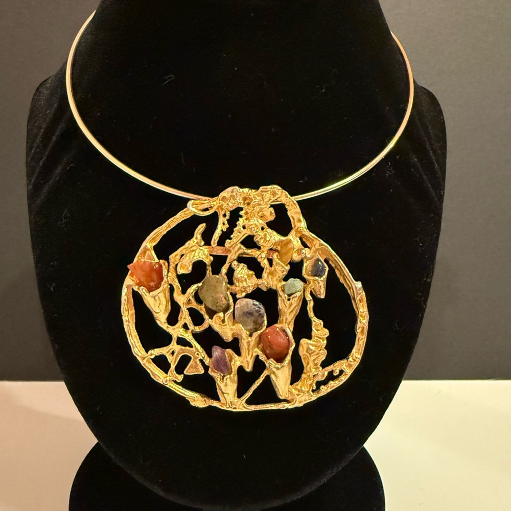 Mid-century Bohemian Gold-tone and Multicolor Stone Pendant Necklace STATEMENT❣️